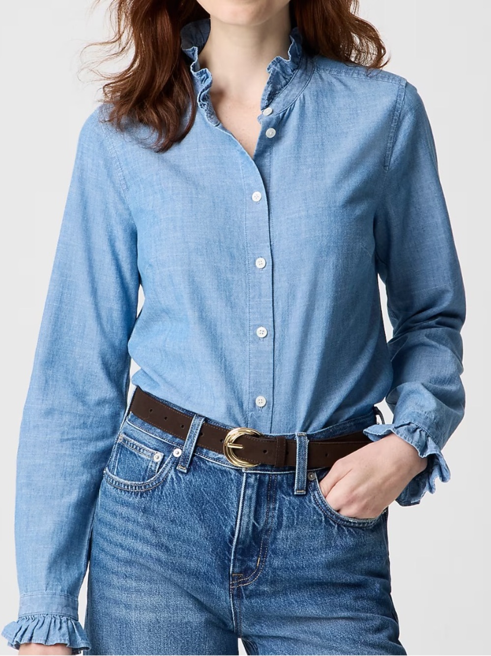 NWT J.Crew Chambray Ruffle-Collar Button-Front L - Picture 1 of 14
